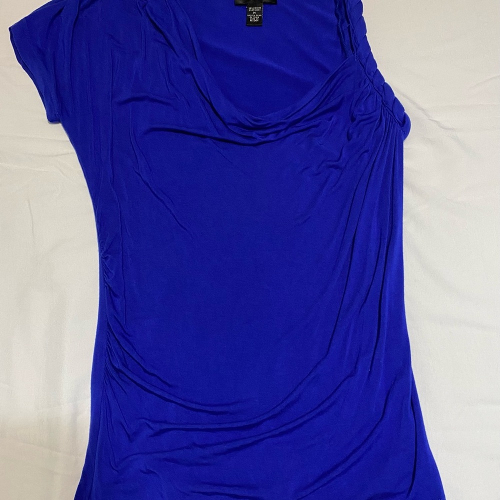 Blue Ruched Blouse with Cowl Neckline